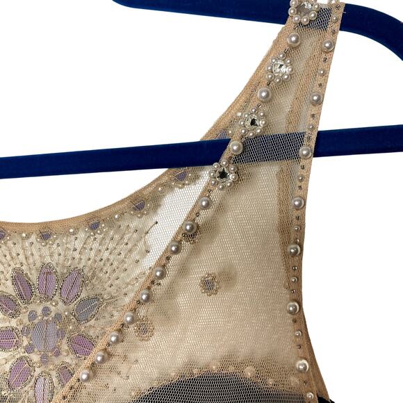 Caché Navy Tiered Bodycon with Jewels Pearls Mesh Evening Gown Mini Dress Size 6 - Picture 8 of 11